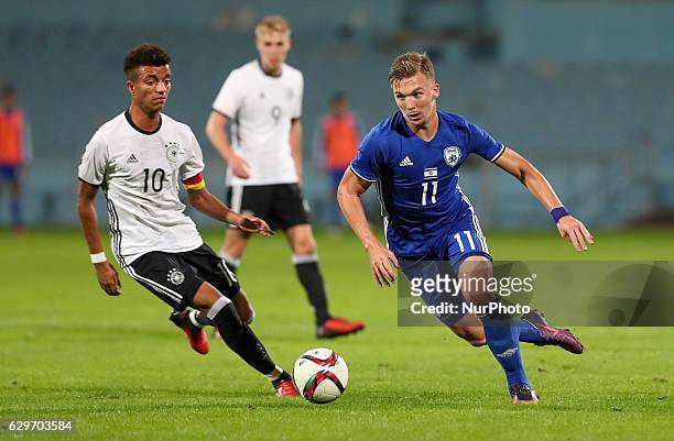 Eden Karzev of Israel challenges Timothy Tillman of Germany in action during the Under 18 International Friendly match between Israel and Germany on...