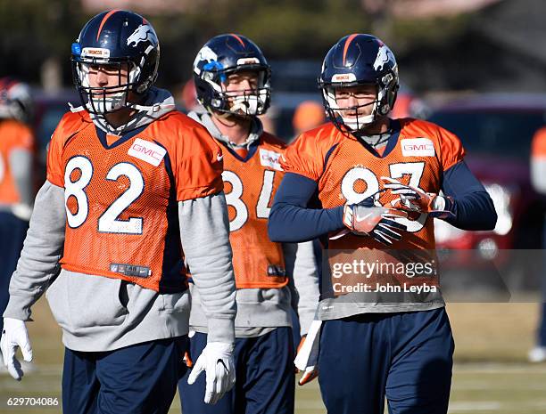 Denver Broncos tight end Jeff Heuerman Denver Broncos tight end A.J. Derby warm up during practice December 14, 2016 at Dove Valley.