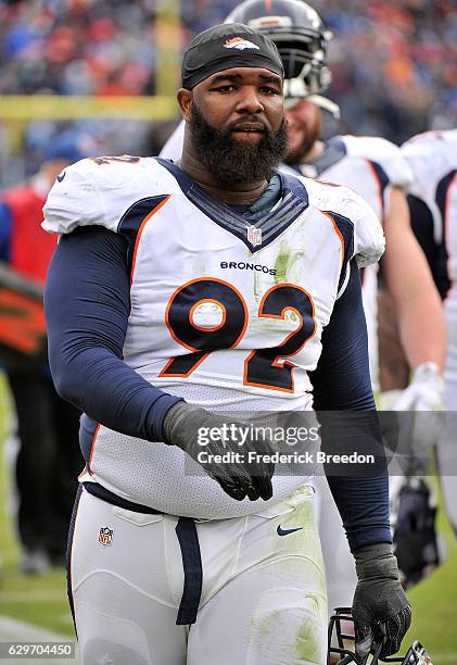 Sylvester Williams of the Denver Broncos leaves the field during halftime of a game against the Tennessee Titans at Nissan Stadium on December 11,...