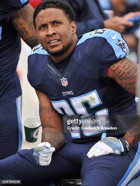 Rashad Johnson of the Tennessee Titans watches from the sideline during a game against the Denver Broncos at Nissan Stadium on December 11, 2016 in...