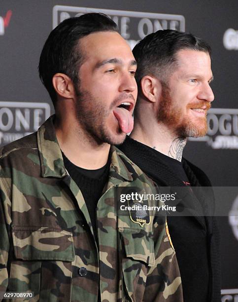 Musicians Pete Wentz and Andy Hurley of Fall Out Boy attend the premiere of Walt Disney Pictures and Lucasfilms' 'Rogue One: A Star Wars Story' at...