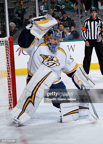 Marek Mazanec of the Nashville Predators tends goal against the Dallas Stars at the American Airlines Center on December 8, 2016 in Dallas, Texas.