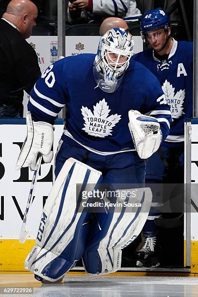 Jhonas Enroth of the Toronto Maple Leafs takes the ice before the start of the third period at NHL game against the Colorado Avalanche at the Air...