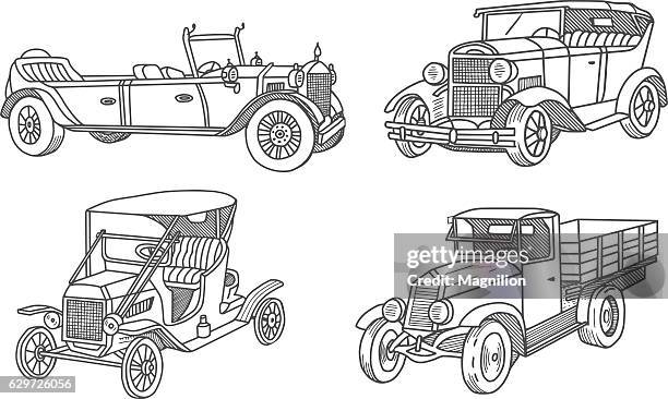 illustrazioni stock, clip art, cartoni animati e icone di tendenza di vintage old car doodles set - cartoon tire