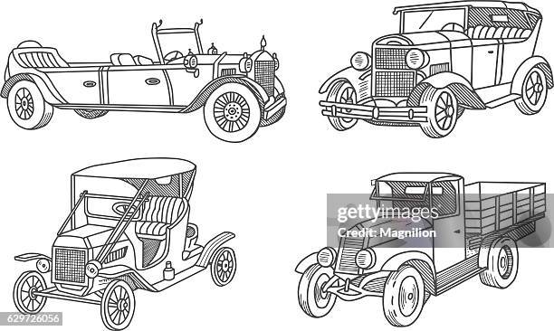vintage old car doodles set - 1910 stock illustrations