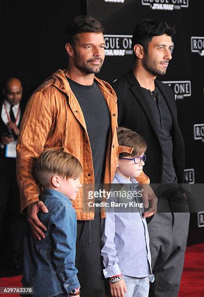 Recording Artist Ricky Martin, sons Matteo Martin and Valentino Martin and artist Jwan Yosef attend the premiere of Walt Disney Pictures and...