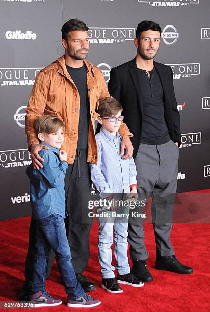 Recording Artist Ricky Martin, sons Matteo Martin and Valentino Martin and artist Jwan Yosef attend the premiere of Walt Disney Pictures and...