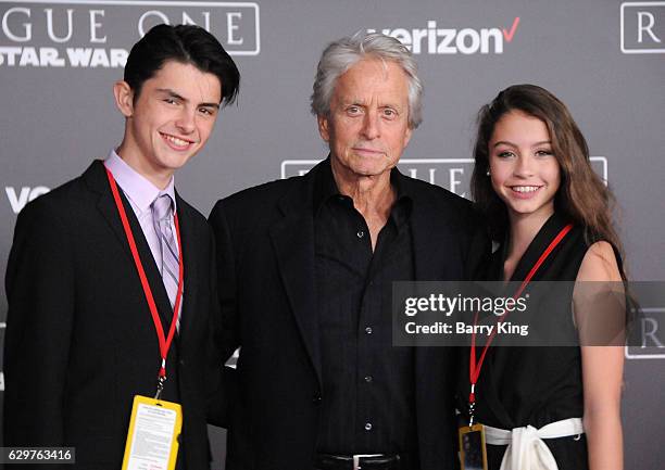 Dylan Michael Douglas, actor Michael Douglas and Carys Zeta Douglas attend the premiere of Walt Disney Pictures and Lucasfilms' 'Rogue One: A Star...