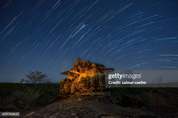 beautiful star trails over the lonely rock. beautiful night sky. - star sky stock-fotos und bilder