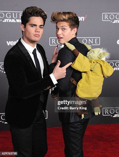 Singers Emery Kelly and Ricky Garcia of the pop group Forever In Your Mind attend the premiere of Walt Disney Pictures and Lucasfilms' 'Rogue One: A...