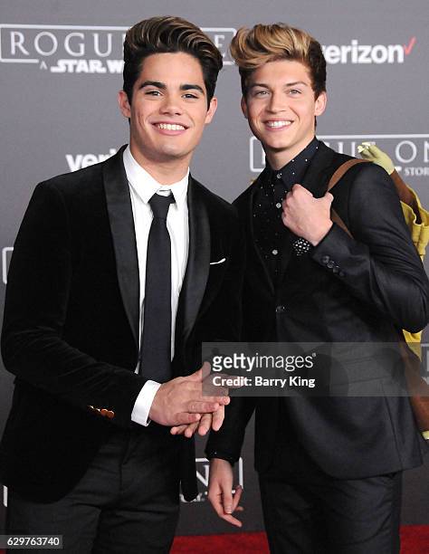 Singers Emery Kelly and Ricky Garcia of the pop group Forever In Your Mind attend the premiere of Walt Disney Pictures and Lucasfilms' 'Rogue One: A...