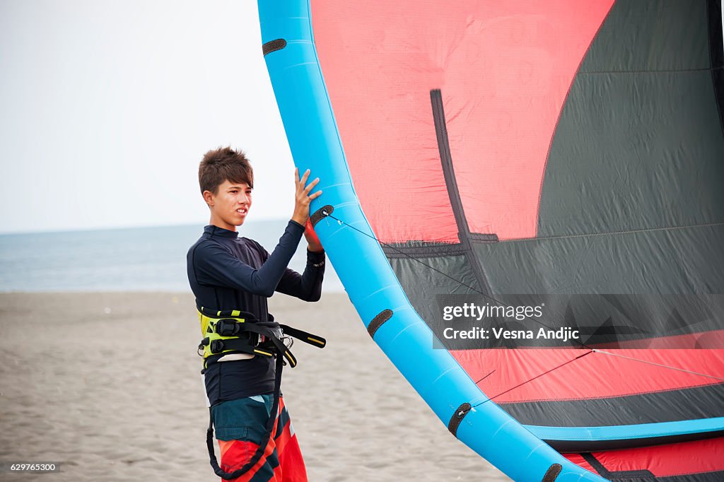 Preparing for kite surfing