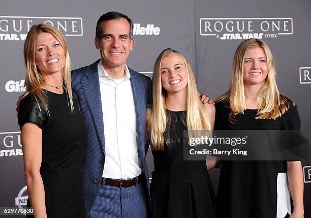 Los Angeles Mayor Eric Garcetti and Amy Wakeland and family attend the premiere of Walt Disney Pictures and Lucasfilms' 'Rogue One: A Star Wars...