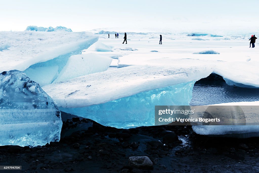 Frozen Jokulsarlon glacial lagoon in winter, Iceland