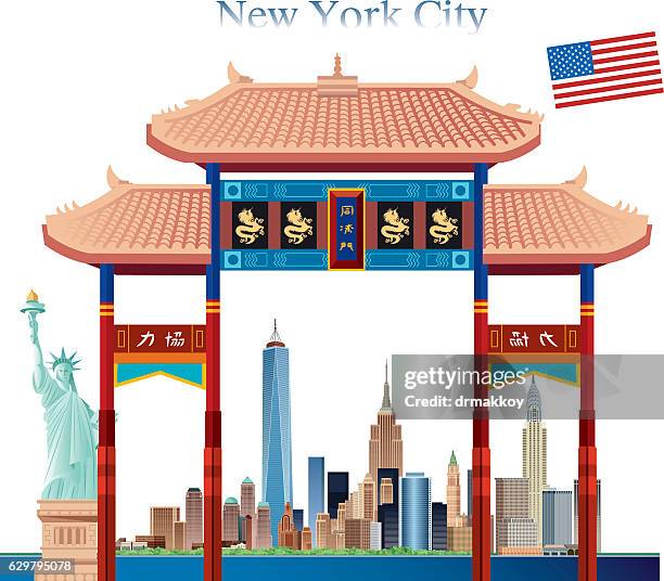 chinatown gate and new york city - new york city fashion district stock illustrations
