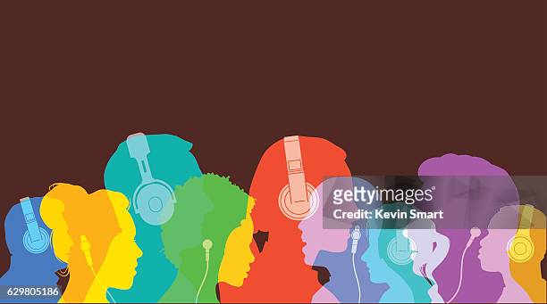 head silhouettes with headphones - listening to radio stock illustrations