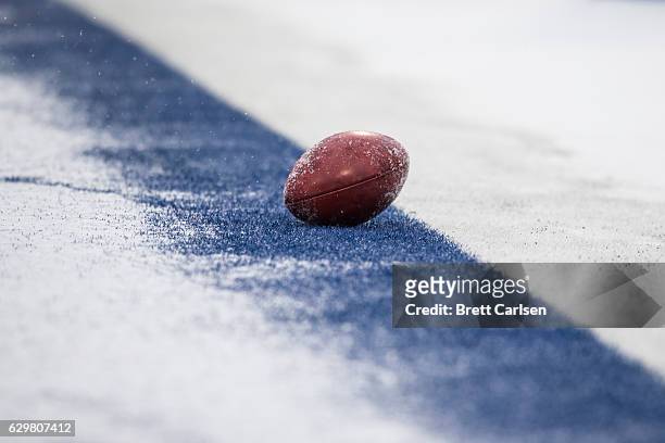 Football rests in the snow covered end zone during the game between the Buffalo Bills and the Pittsburgh Steelers on December 11, 2016 at New Era...