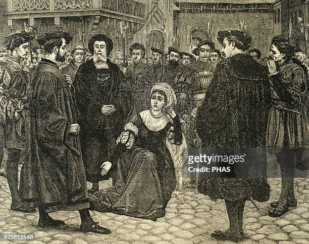 Anne Boleyn , Queen of England as the second wife of Henry VIII, led to the gallows to be executed by beheading after being accused by her husband of...