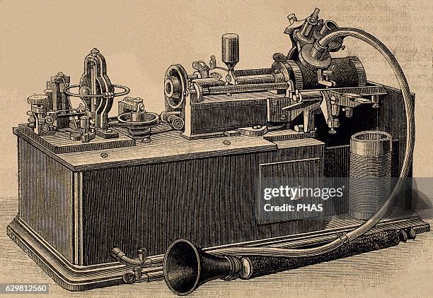 Phonograph invented in 1877 by Thomas Alva Edison . Engraving, 19th century.