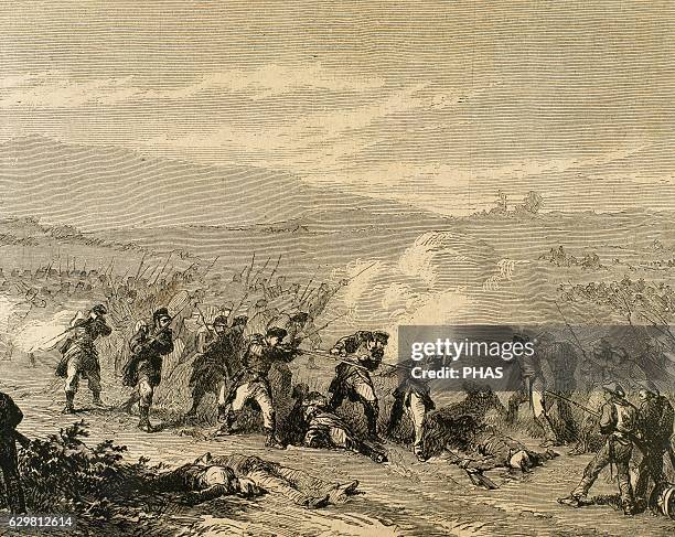 Third Carlist War . Navarre. Action of Azcona. Two Battalion of Hunters breaking through one Carlist watch. Engraving by Capuz in 'La IlustraciÑn...