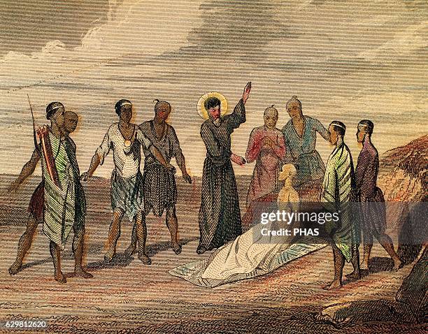 Saint Francis Xavier . Spanish missionary. The saint resurrect a dead buried in Colima, near Cape Comorin , 1544. French Engraving, 1850.