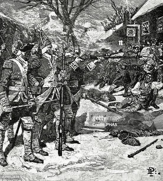 American Revolutionary War . The Boston Massacre or Boston riot . British redcoats killed five civilian men. Engraving.