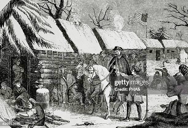 American Revolutionary War . George Washington visits Valley Forge, the Continental Army's camp in winter, 1777-1778. Engraving. 19th century.