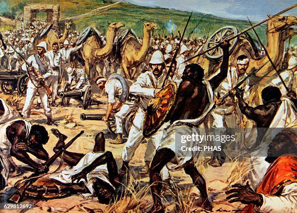 First Italo-Ethiopian War. Conflict between Italy and Ethiopia, 1895-1896. The army of Ras Makonnen fighting Italian troops during the siege of...