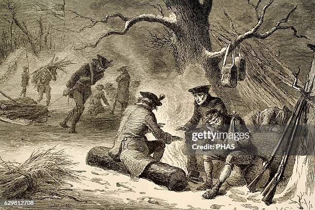 American Revolutionary War . Valley Forge. Pennsylvania. Continental Army's camp in winter, 1777-1778. Engraving by A. Bobbet. 'American Revolution'....