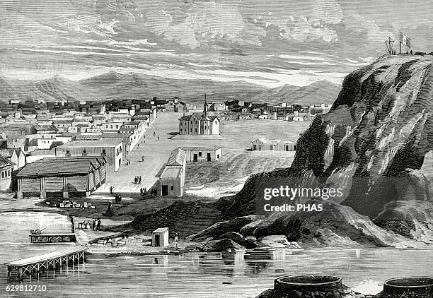 War of the Pacific.1879-1883. Conflict between Chile and Peru and Bolivia. Port and city of Arica, Chile. Engraving by Rico. La Ilustracion Espanola...