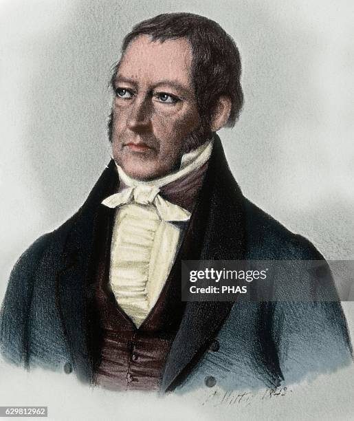 Georg Wilhelm Friedrich Hegel . German philosopher. Engraving. Colored.