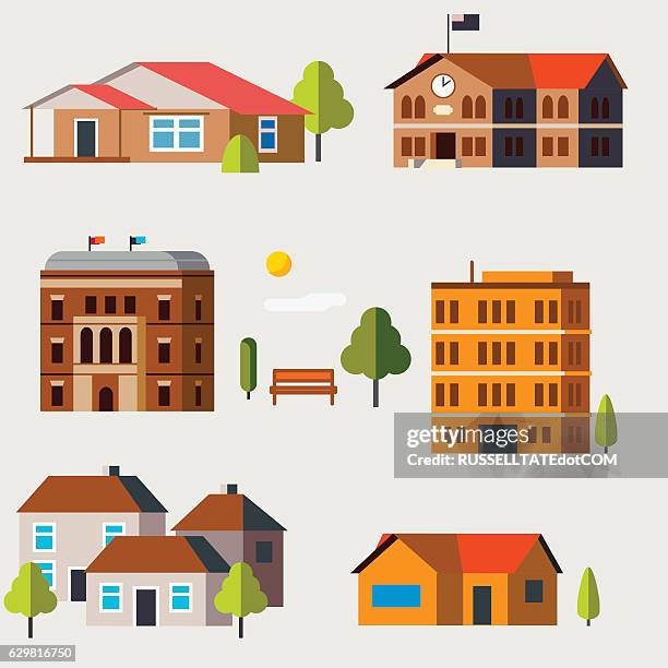 ilustraciones, imágenes clip art, dibujos animados e iconos de stock de casas de icono plano - edificio escolar