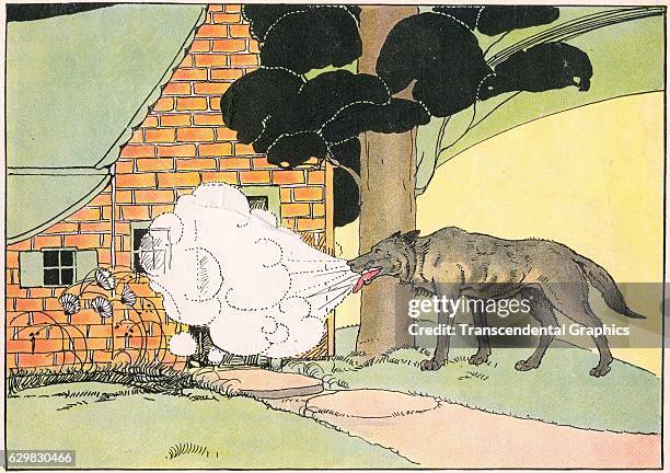 Illustration from an unidentified children's book features a wolf as it arrempts to blow down at brick house, from the 'Three Little Pigs' story,...