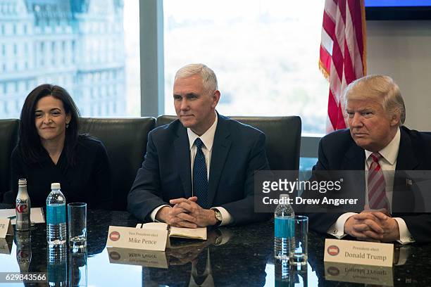Sheryl Sandberg, chief operating officer of Facebook, Vice President-elect Mike Pence and President-elect Donald Trump listen during a meeting of...