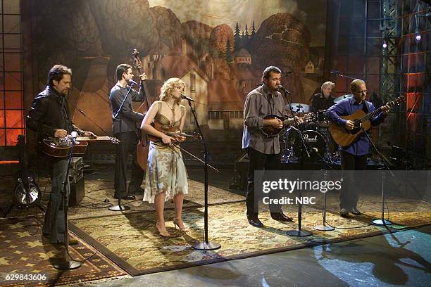 Episode 2822 -- Pictured: Musicians Jerry Douglas, Barry Bales, Alison Krauss, Dan Tyminski, Larry Atamanuik and Rob Block of musical guest Union...