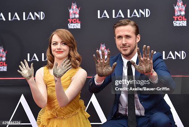 Actors Emma Stone and Ryan Gosling are honored with a Hand and Footprint Ceremony on behalf of Lionsgate's La La Land at TCL Chinese Theatre IMAX on...