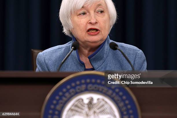 Federal Reserve Board Chair Janet Yellen holds a news conference after the central bank announced an increase in the benchmark interest rate...