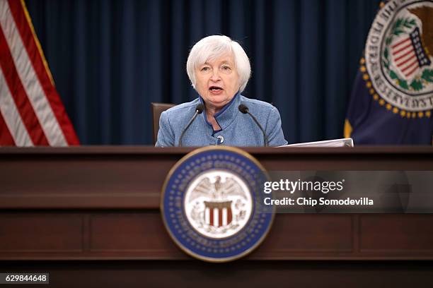 Federal Reserve Board Chair Janet Yellen holds a news conference after the central bank announced an increase in the benchmark interest rate...