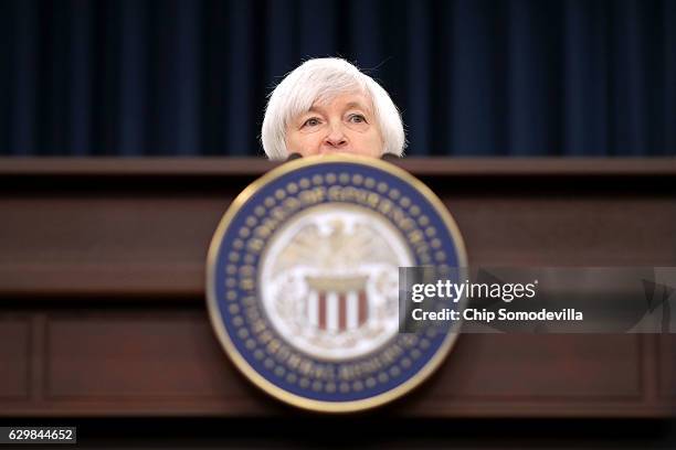 Federal Reserve Board Chair Janet Yellen holds a news conference after the central bank announced an increase in the benchmark interest rate...