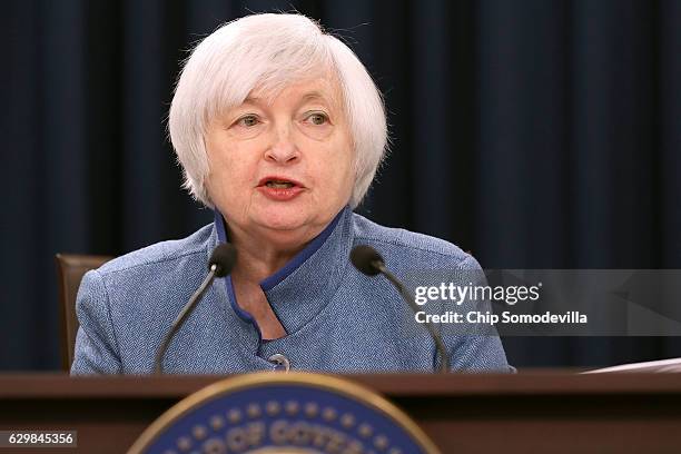 Federal Reserve Board Chair Janet Yellen holds a news conference after the central bank announced an increase in the benchmark interest rate...