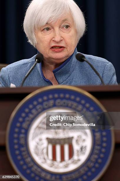 Federal Reserve Board Chair Janet Yellen holds a news conference after the central bank announced an increase in the benchmark interest rate...