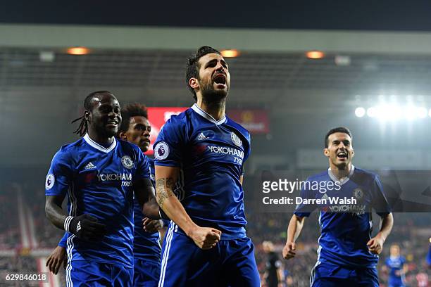 Cesc Fabregas of Chelsea celebrates scoring his sides first goal during the Premier League match between Sunderland and Chelsea at Stadium of Light...