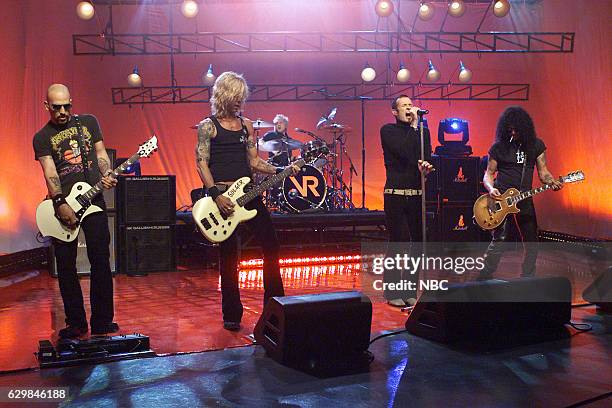 Episode 2799 -- Pictured: Dave Kushner, Duff McKagan, Matt Sorum, Scott Weiland, and Slash of musical guest Velvet Revolver performs on October 14,...