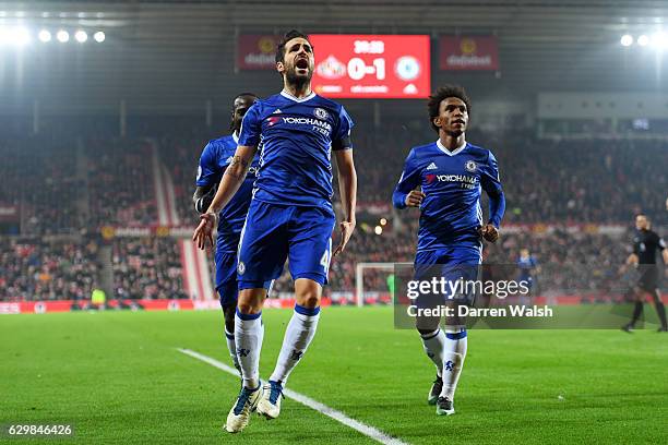 Cesc Fabregas of Chelsea celebrates scoring his sides first goal during the Premier League match between Sunderland and Chelsea at Stadium of Light...