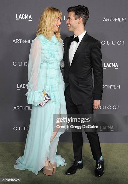 Actress Brie Larson, wearing Gucci, and recording artist Alex Greenwald arrive at the 2016 LACMA Art + Film Gala Honoring Robert Irwin And Kathryn...