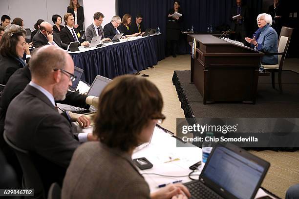 Federal Reserve Board Chair Janet Yellen holds a news conference after the central bank announced an increase in the benchmark interest rate...