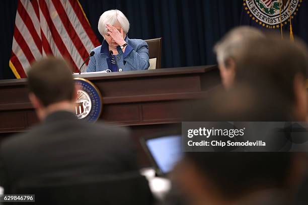 Federal Reserve Board Chair Janet Yellen holds a news conference after the central bank announced an increase in the benchmark interest rate...