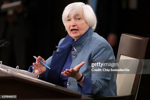 Federal Reserve Board Chair Janet Yellen holds a news conference after the central bank announced an increase in the benchmark interest rate...