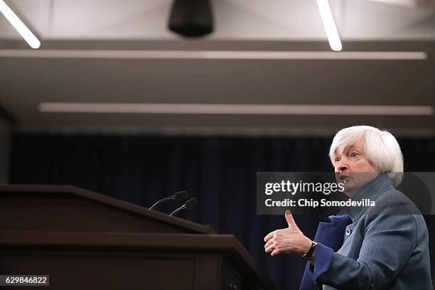 Federal Reserve Board Chair Janet Yellen holds a news conference after the central bank announced an increase in the benchmark interest rate...