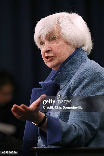 Federal Reserve Board Chair Janet Yellen holds a news conference after the central bank announced an increase in the benchmark interest rate...